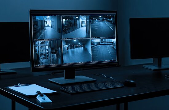 Multiple security camera feeds displayed on a dark monitor, monitoring interiors