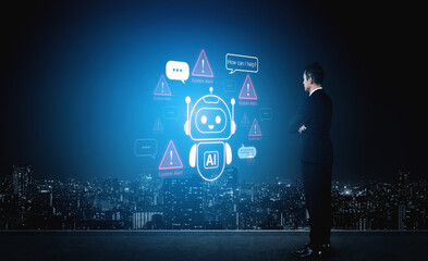 Obraz premium Chatbot AI helping under system alert condition with error warnings and communication risk signals. Corpus