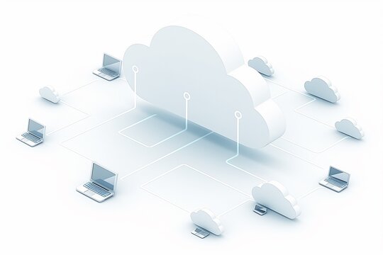 Isometric view of a large cloud icon connected to devices by bright lines, cloud computing concept, 3D illustration