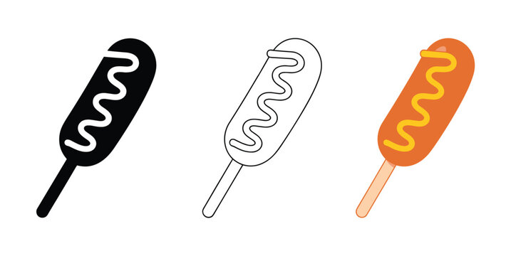 Corn Dog Trio: A set of three distinct corn dog illustrations, showcasing a solid black silhouette, a clean outline, and a colored depiction with mustard topping.
