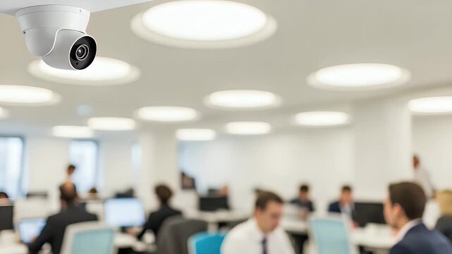 Modern white CCTV security camera mounted on a bright office ceiling, vigilantly monitoring an active, blurred open-plan workspace filled with busy professionals under ambient lighting.