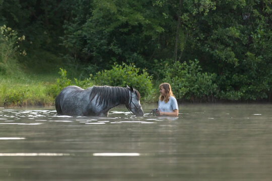 Reiterin badet mit Pferd