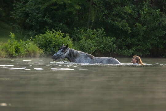 Reiterin badet mit Pferd