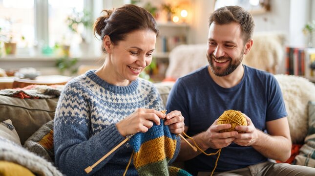 Woman and man knitting together at home. Happy couple enjoying a creative hobby with yarn and needles. Handmade craft, shared leisure, domestic connection, and winter lifestyle concept