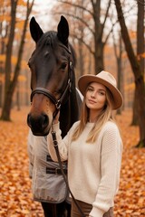 Naklejka premium Woman in hat and sweater stands with horse in autumn forest. Fallen leaves cover ground. Serene nature scene shows gentle connection between human and animal.