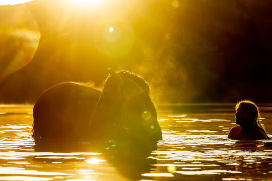 Reiterin badet mit Pferd