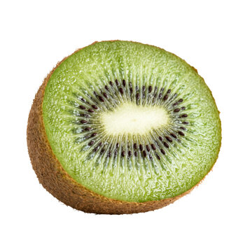 Close-up of a vibrant green kiwi fruit slice with black seeds isolated on white