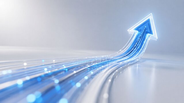 Glowing blue digital arrow rising upward symbolizing swift data speed and business growth