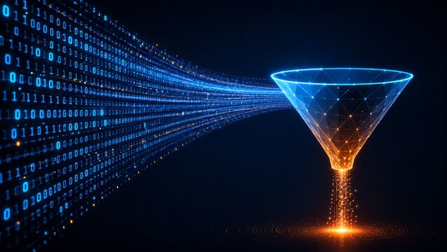 Binary code data flowing into digital funnel for processing and big data analysis concept