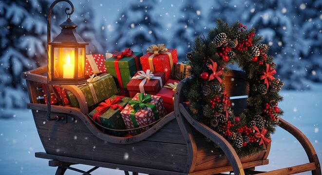 Vintage wooden sleigh loaded with gift boxes and holiday wreath in snow