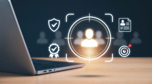 Laptop on desk with digital HR management holographic icons showing candidate tracking, target audience profiling, identity verification, and talent acquisition concepts