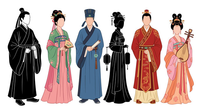 Set of vector collection featuring different ancient Chinese men and women wearing traditional Hanfu clothing, historical robes, silk garments, cloth belts, ancient hairstyles