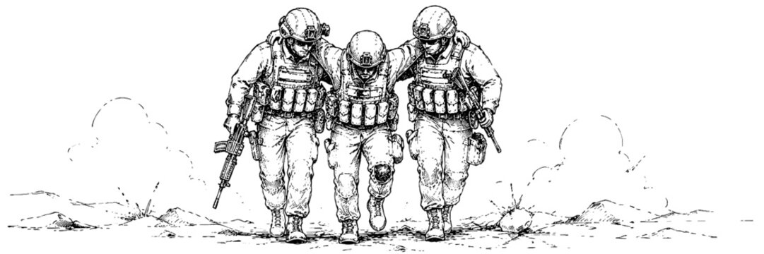 A dramatic wartime scene showing three soldiers supporting an injured comrade while moving across rough terrain.