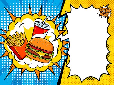 Fast food burger and fries pop art comic book background