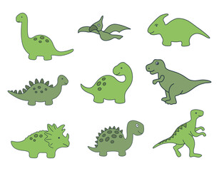 Fototapeta premium Dinosaurs Set. Nine different Dinosaurs isolated on White background. Vector illustration in Green 