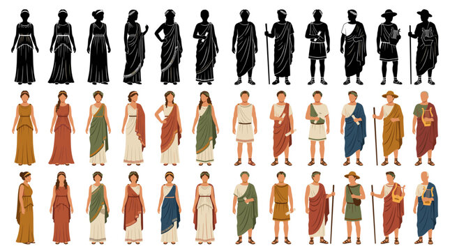 Set of vector collection featuring different ancient Greek men and women wearing authentic Ancient Greek chitons, himations, sandals, laurel wreaths, historical classical clothing