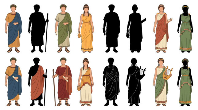 Professional vector collection featuring different ancient Greek men and women wearing authentic Ancient Greek chitons, himations, sandals, laurel wreaths, historical classical clothing