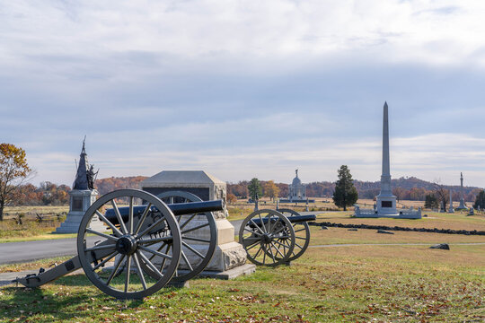 Cannons and Monuments Seen in Gettysburg Pennsylvania on the National Battlefield Park