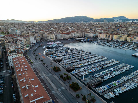 Aerial View of the Vieux Port in Marseille France at Sunrise With Boats and Historic Buildings