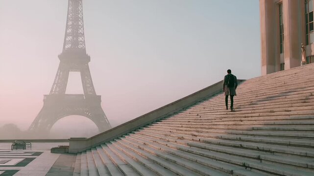 Paris, France, Europe. A moody, atmospheric portrayal of the Eiffel Tower shrouded in a thick fog. A solitary figure, dressed in a dark coat.