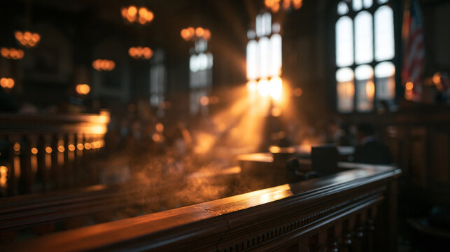 Sunlight Streaming into Historic Courtroom Interior with Wooden Railing