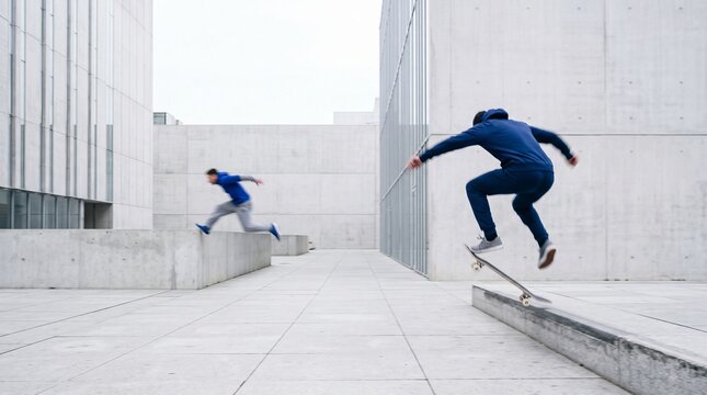 Young Skateboarder and Free Runner in Modern Urban Architecture