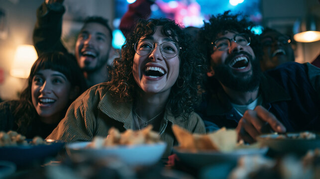 Excited Friends Watching Television and Cheering Together at Home