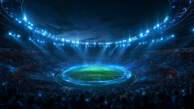 Futuristic Illuminated Sports Stadium Arena at Night with Crowd