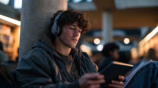 Young Man with Headphones Using Digital Tablet in Library