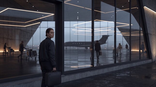 Businesswoman with Briefcase at Modern Airport Private Terminal