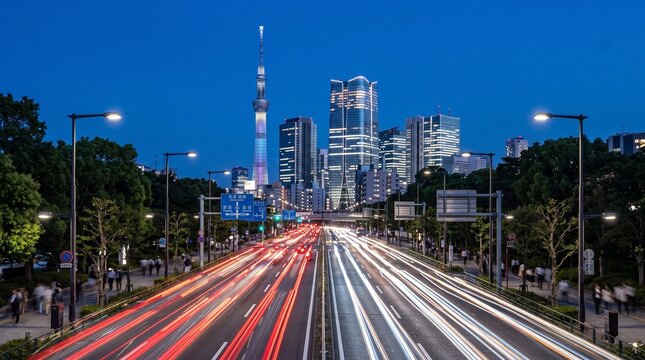 Tokyo Cityscape with Skytree and Traffic Light Trails at Night