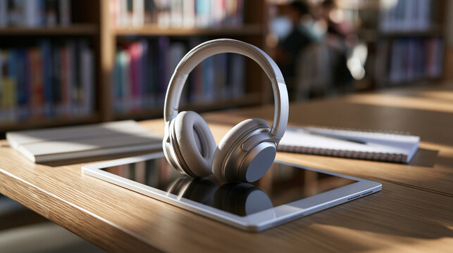 Headphones on Digital Tablet for Online Learning in Library