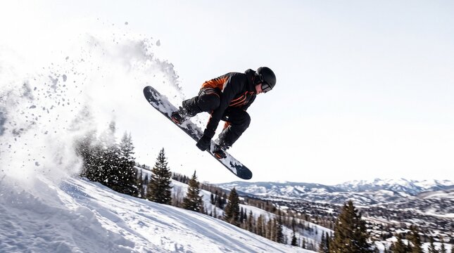 Snowboarder Jumping in Mid Air on Snowy Mountain Slope