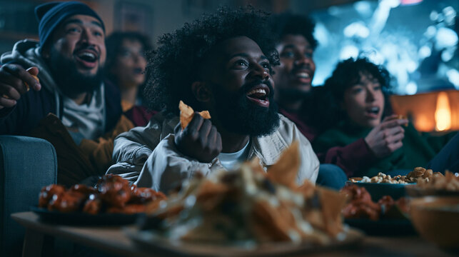 Excited Friends Watching Sports Game on Television at Home