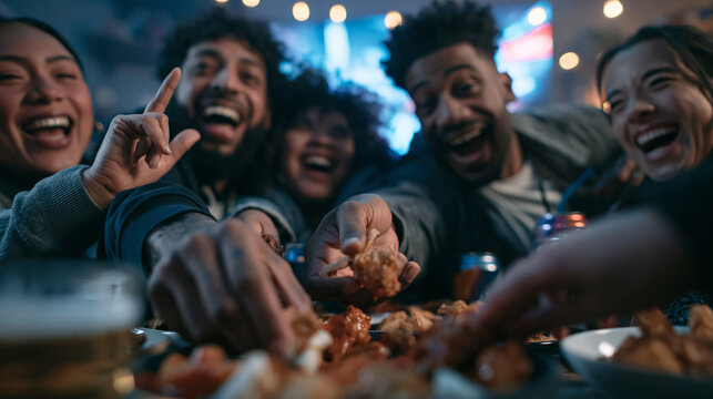 Diverse Friends Cheering and Eating Snacks Watching Sports Game