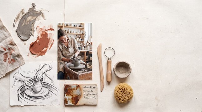 Pottery Craft Mood Board with Ceramic Tools and Clay Samples