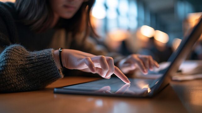 Young Woman Using Touchscreen Laptop in Cozy Cafe