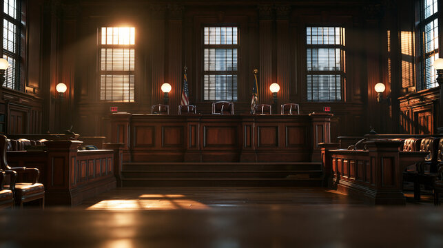 Empty Classic Courtroom Interior with Judge Bench and Sunlight