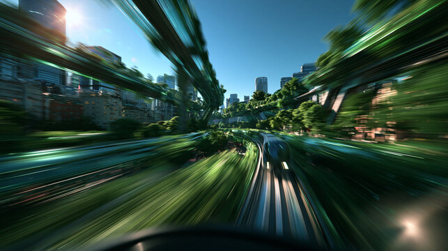 Futuristic High Speed Train Moving Through Green Sustainable Smart City