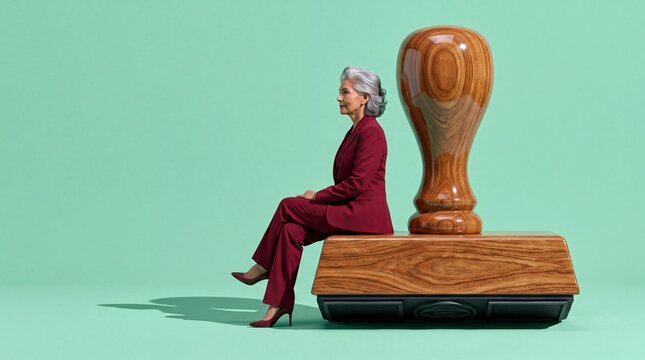Businesswoman Sitting on Giant Stamp Illustrating Corporate Approval