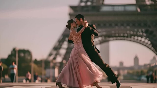 Paris, France, Europe. A romantic photograph captures a couple dancing in front of the Eiffel Tower. The couple, dressed in formal attire, are captured in a passionate embrace. The woman wears a long.