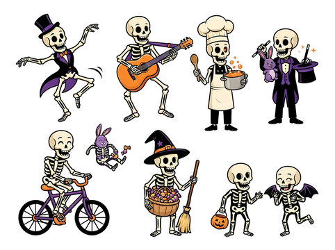 Cartoon skeletons performing various activities with halloween props vector illustration