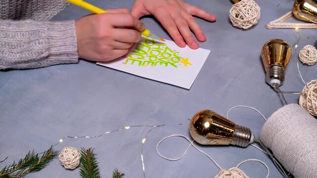 Painting Christmas tree Gift Christmas idea. Do it yourself instruction postcard eco-friendly decoration. Making handmade presents children's diy projects. Holiday family time. Creative activity