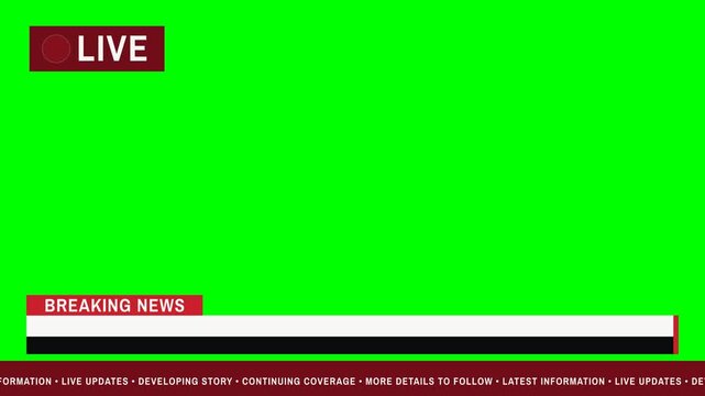 Green screen lower third template with a LIVE indicator and Breaking News headline. Features a scrolling ticker with generic developing story text. Versatile for broadcast or dynamic.
