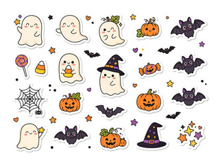 Obraz premium Cute halloween stickers collection with ghosts pumpkins bats and candies on white background