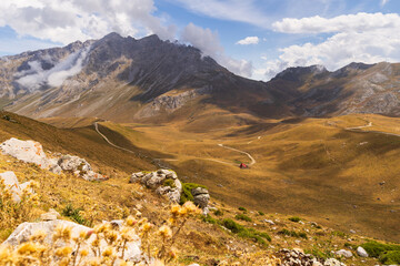 Naklejka premium Wild and deserted places, Picos mountain range in Spain, Peaks of Europe, hiking trails pass through picturesque mountain landscapes.