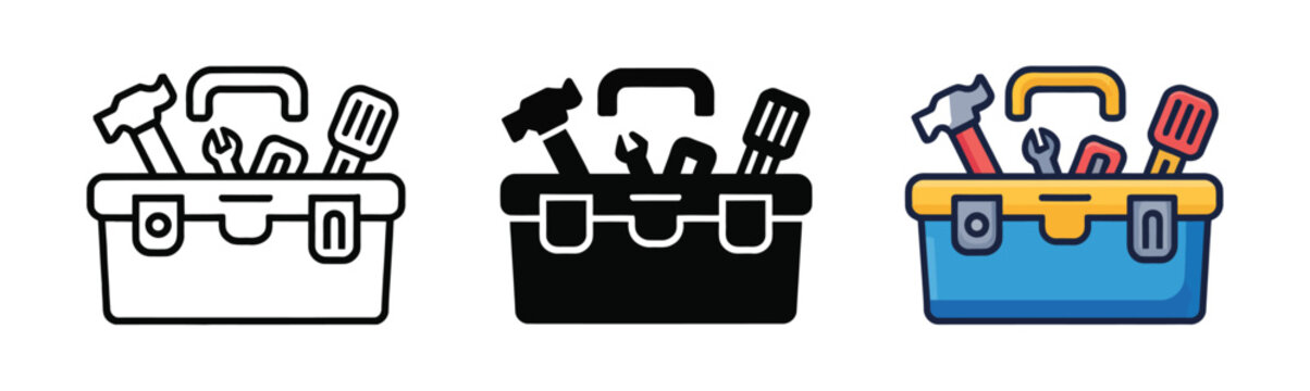 Tool box icon set, outline and flat variations, equipment, technical support, repair, maintenance, workshop, tools, graphic applications, vector design