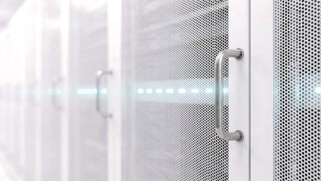 白い筐体の取っ手とメッシュ扉に伸びる細い光の線