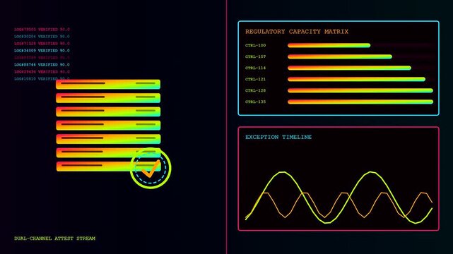 Compliance monitoring software interface featuring a data visualization dashboard with scrolling list elements and moving sine wave line graphs displayed against a dark digital environment