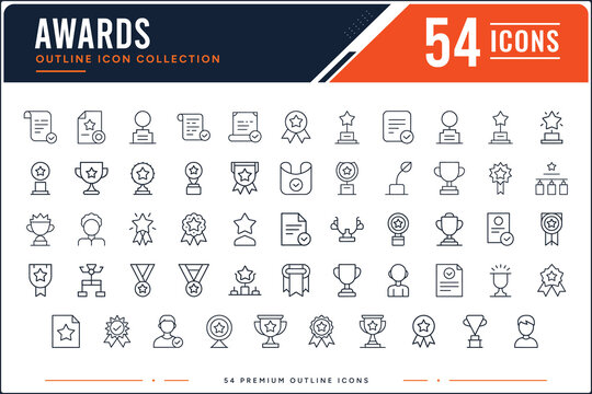 Awards and achievements outline vector graphic icon set featuring various trophies and ribbons displayed neatly organized on white background